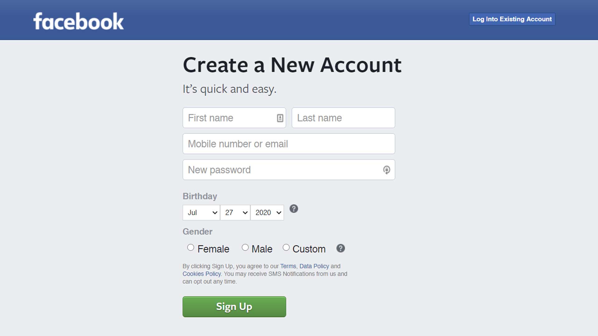 social media setup is usually fast and free and easy. The facebook sign up page is no exception.